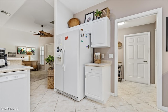 kitchen with ceiling fan, white cabinetry, white appliances, and light tile patterned floors