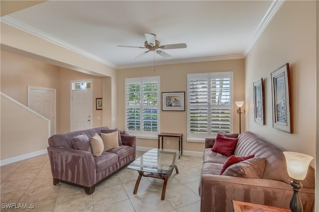 22890 Forest Ridge Dr, Estero, FL 33928 - living area with crown molding, ceiling fan, healthy amount of natural light, and light tile patterned floors