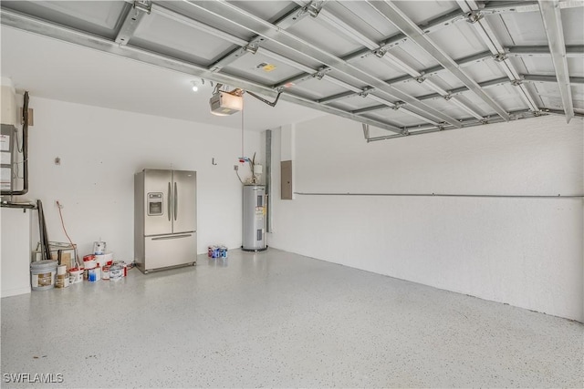 22890 Forest Ridge Dr, Estero, FL 33928 - garage featuring stainless steel fridge with ice dispenser, water heater, electric panel, and a garage door opener