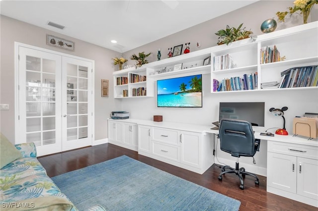 office with baseboards, visible vents, dark wood finished floors, french doors, and built in desk