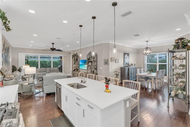 kitchen featuring dark wood-type flooring, plenty of natural light, visible vents, and a sink