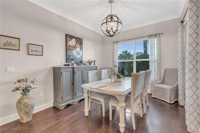 dining area with an inviting chandelier, baseboards, ornamental molding, and dark wood finished floors