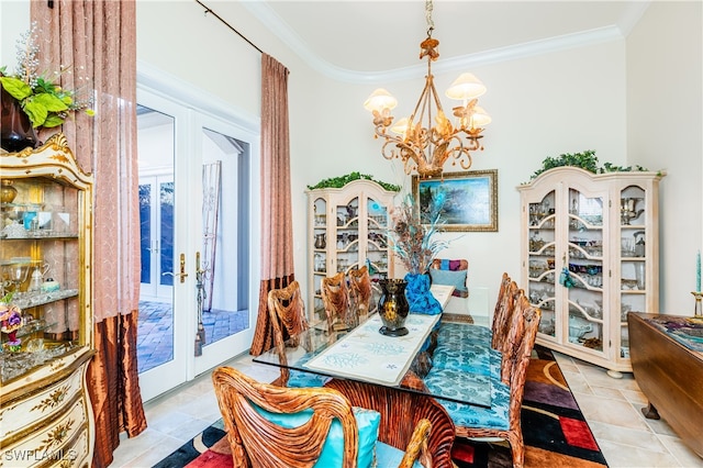 dining room featuring french doors, light tile patterned floors, a chandelier, and ornamental molding