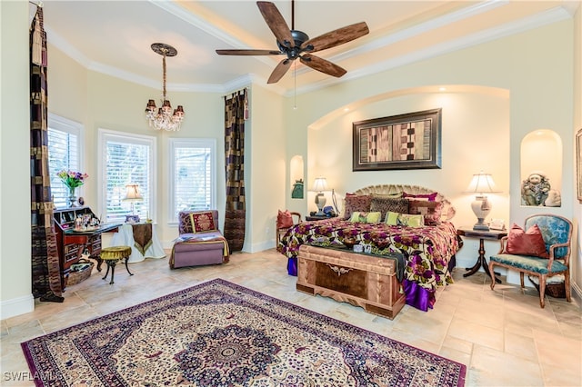 bedroom featuring ceiling fan with notable chandelier and ornamental molding