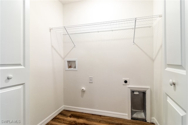 clothes washing area featuring gas dryer hookup, electric dryer hookup, hookup for a washing machine, and dark wood-type flooring