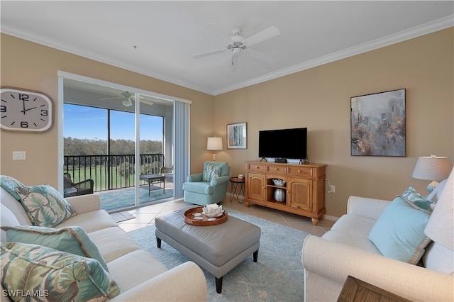 living room featuring light tile patterned floors and crown molding