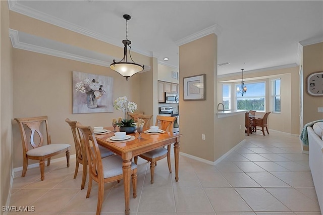 tiled dining room with crown molding