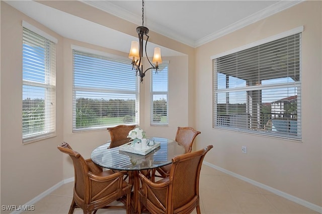 tiled dining room featuring ornamental molding and a notable chandelier