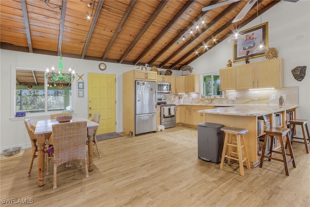 kitchen featuring light brown cabinets, wooden ceiling, stainless steel appliances, light stone counters, and light hardwood / wood-style floors