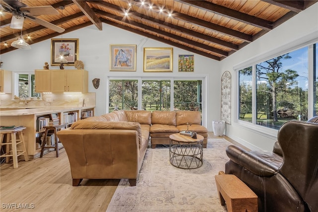 living room featuring beam ceiling, light hardwood / wood-style flooring, wooden ceiling, and plenty of natural light