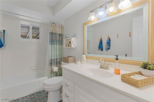 full bathroom featuring tile patterned flooring, shower / bath combo, toilet, and vanity