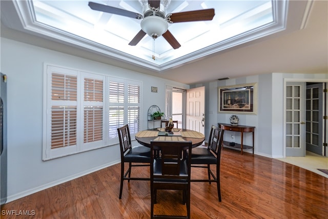 dining space featuring a raised ceiling, ceiling fan, and wood-type flooring