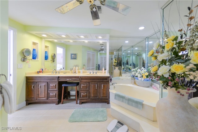 bathroom with tile patterned flooring, vanity, ceiling fan, and independent shower and bath