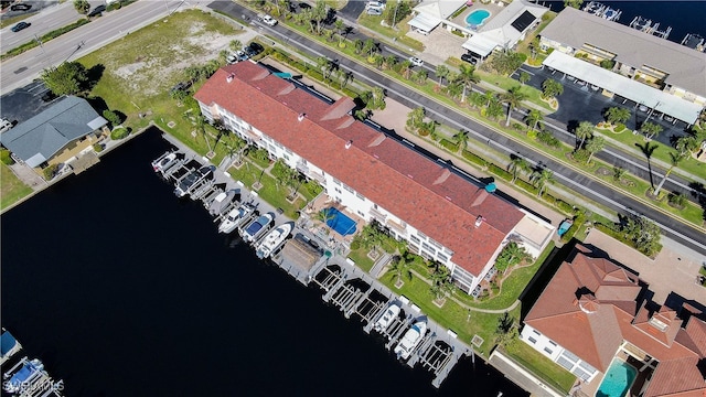 bird's eye view with a water view