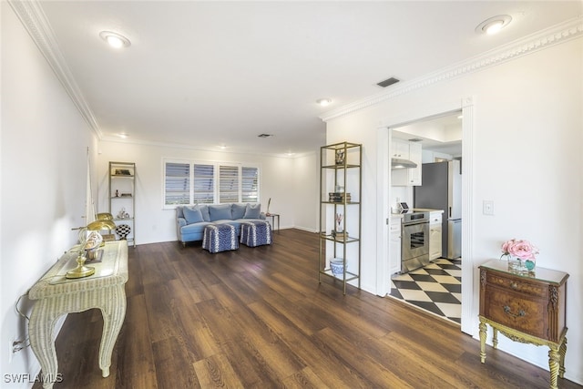 living room featuring crown molding and dark wood-type flooring