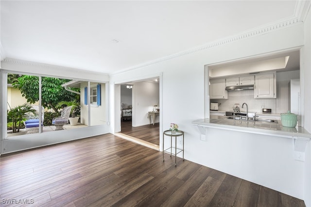 kitchen featuring a kitchen bar, tasteful backsplash, sink, dark hardwood / wood-style floors, and white cabinetry