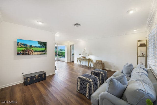 living room featuring crown molding and dark wood-type flooring