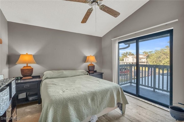 bedroom with hardwood / wood-style flooring, ceiling fan, lofted ceiling, and access to outside