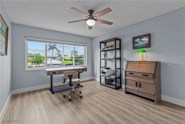 office space featuring light hardwood / wood-style flooring and ceiling fan