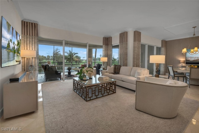 living room featuring an inviting chandelier