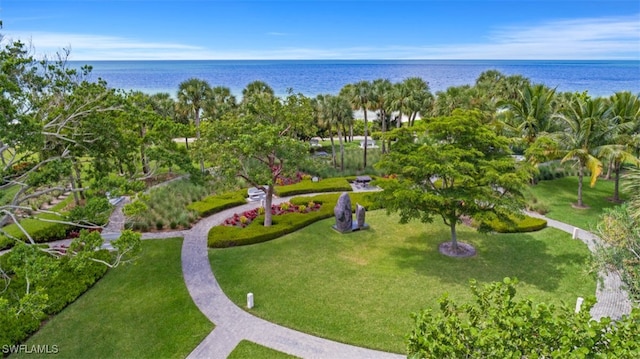 drone / aerial view featuring a water view