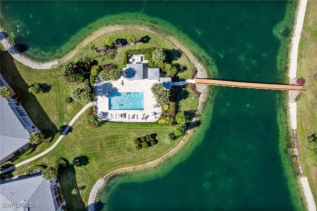 bird's eye view with a water view