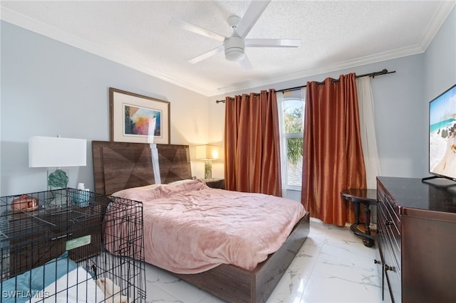 bedroom with a textured ceiling, ceiling fan, and crown molding