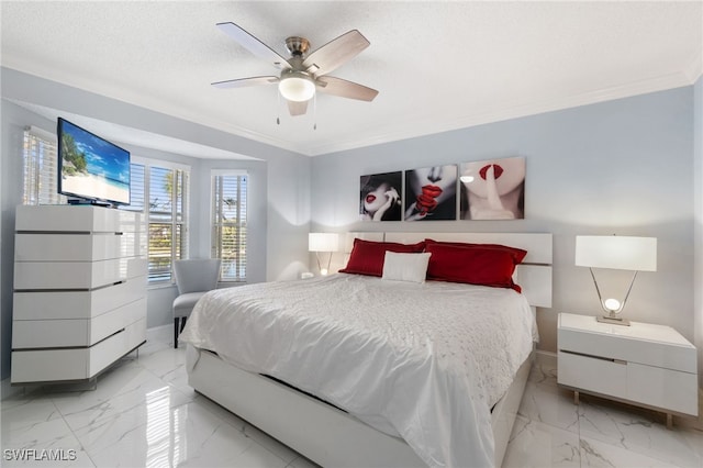 bedroom with ceiling fan, ornamental molding, and a textured ceiling