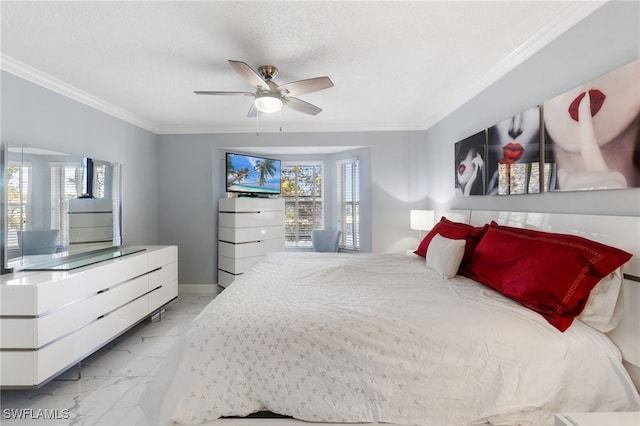 bedroom featuring a textured ceiling, ceiling fan, and crown molding