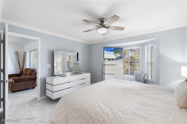 bedroom featuring a textured ceiling, ceiling fan, and crown molding