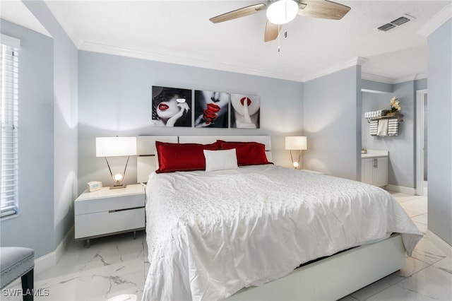 bedroom featuring ceiling fan, ornamental molding, and ensuite bath