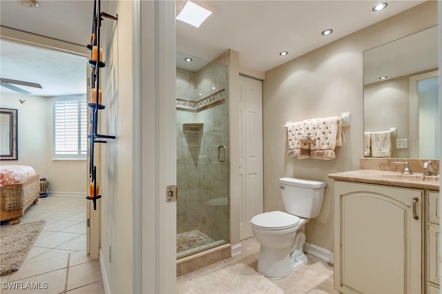 bathroom featuring tile patterned floors, an enclosed shower, vanity, ceiling fan, and toilet