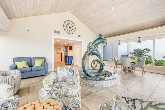 living room featuring light tile patterned floors, wood ceiling, and high vaulted ceiling