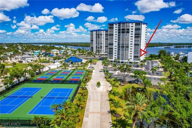 aerial view featuring a water view