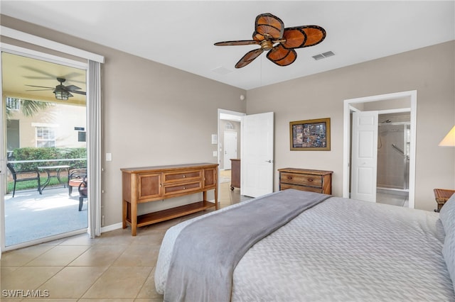 bedroom featuring access to outside, ensuite bath, ceiling fan, and light tile patterned flooring