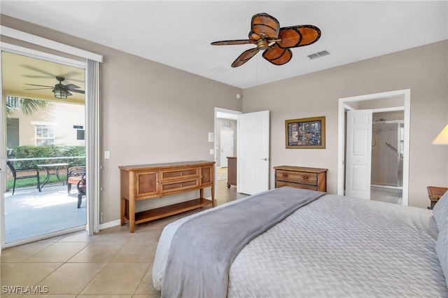 20111 Seagrove St Unit 604, Estero, FL 33928 - bedroom featuring access to exterior, light tile patterned floors, connected bathroom, a ceiling fan, and baseboards
