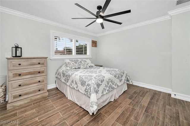 bedroom with ceiling fan and crown molding