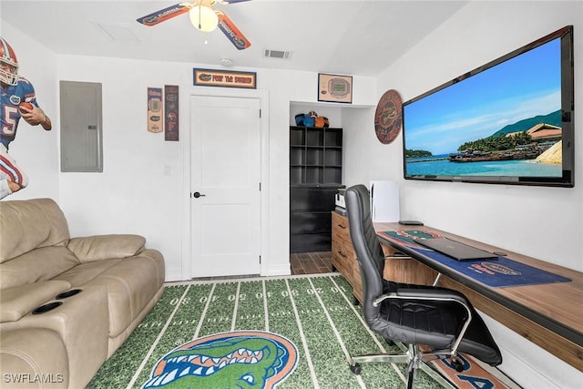 office space featuring ceiling fan and electric panel