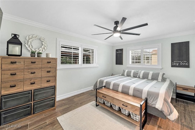 bedroom featuring ceiling fan and ornamental molding