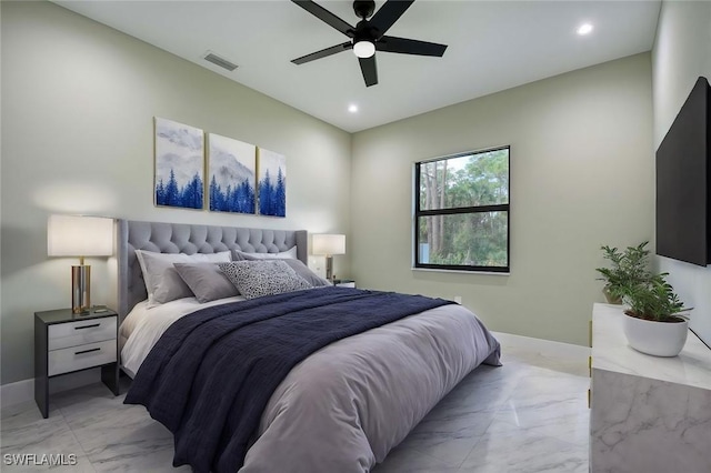 219 33rd Ave NW, Naples, FL 34120 - bedroom with light marble finish floors, recessed lighting, ceiling fan, and baseboards
