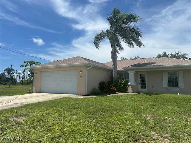 single story home with a garage and a front yard