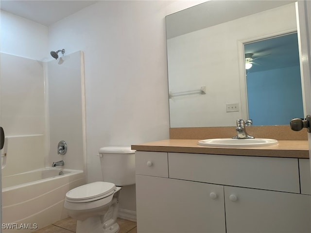 full bathroom with vanity, tub / shower combination, tile patterned flooring, toilet, and ceiling fan