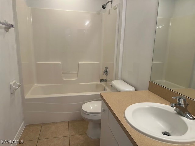 full bathroom with toilet, bathtub / shower combination, vanity, and tile patterned floors