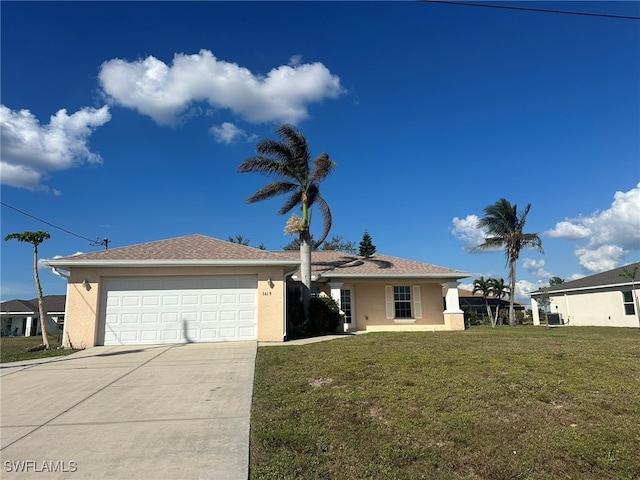 single story home featuring a front yard and a garage