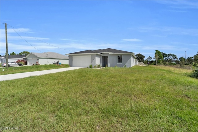 ranch-style home featuring a garage and a front yard