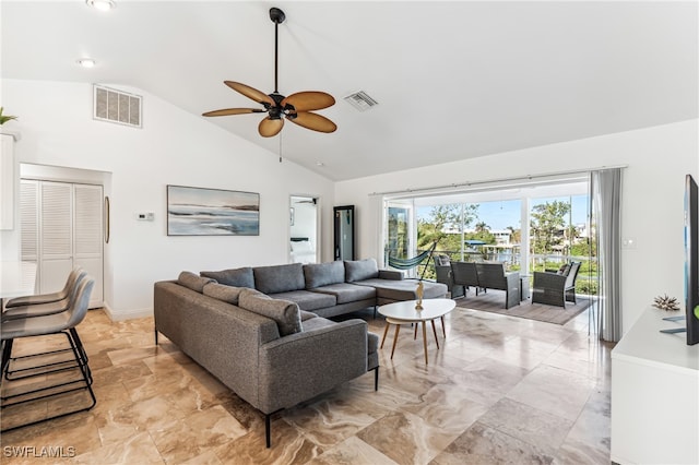 living room with high vaulted ceiling and ceiling fan