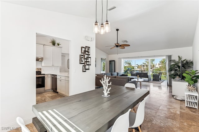 dining room with high vaulted ceiling and ceiling fan