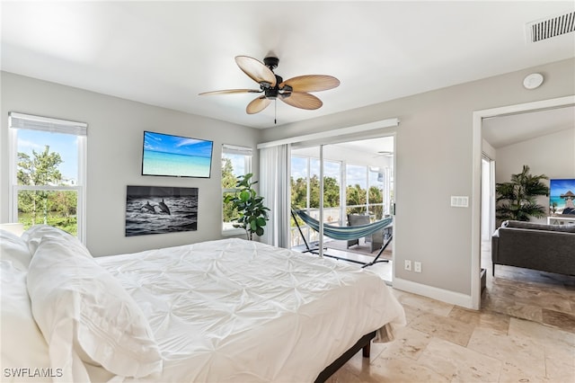 bedroom featuring access to outside and ceiling fan