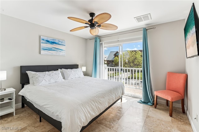 bedroom featuring access to outside and ceiling fan