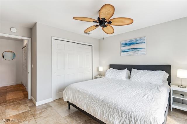 bedroom featuring ceiling fan and a closet